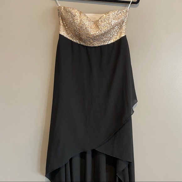 Gold Sequin Strapless Prom Graduation High Low Maxi Dress - Picture 4 of 7